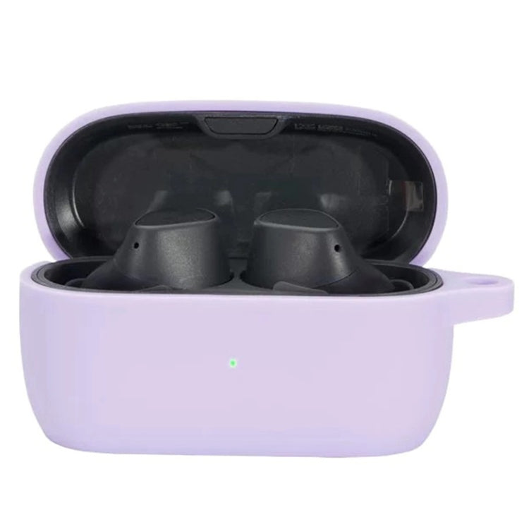 Silicone earbud protective case in light purple, open with two earbuds inside