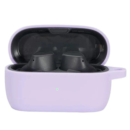 Silicone earbud protective case in light purple, open with two earbuds inside