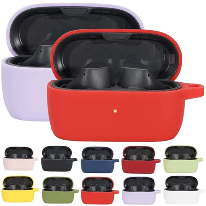 Silicone earphone protective case with open lid and earbuds, red, for Jabra Elite 3
