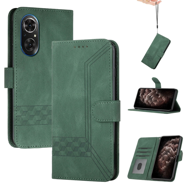 Dark green flip leather phone case with card slot pattern and dual camera cutout