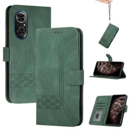 Dark green flip leather phone case with card slot pattern and dual camera cutout