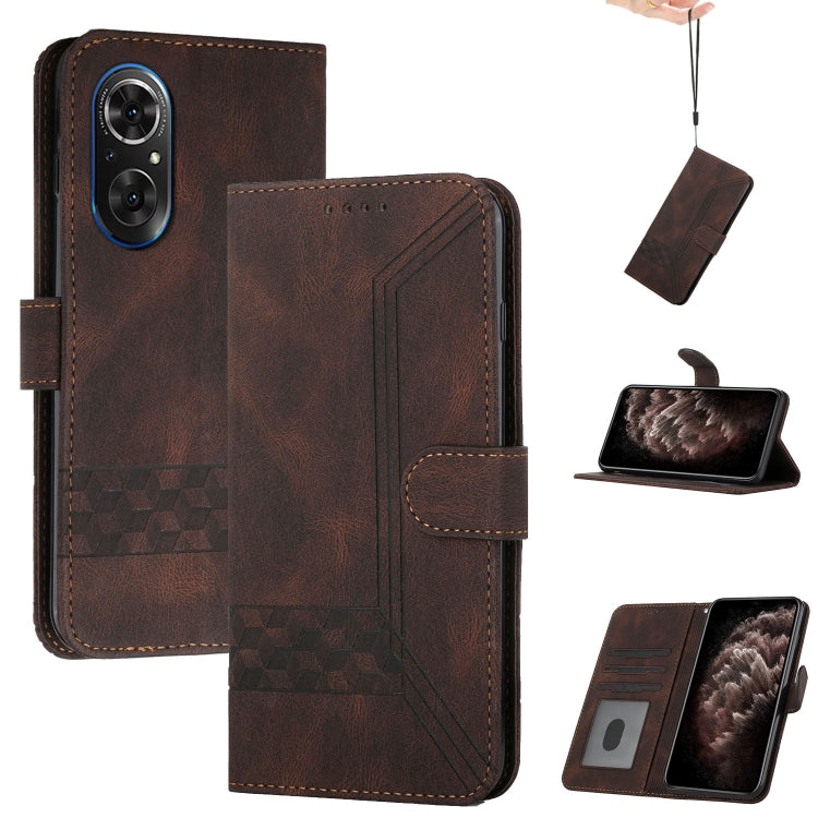 Dark brown flip leather phone case with folio stand and stitched geometric texture.