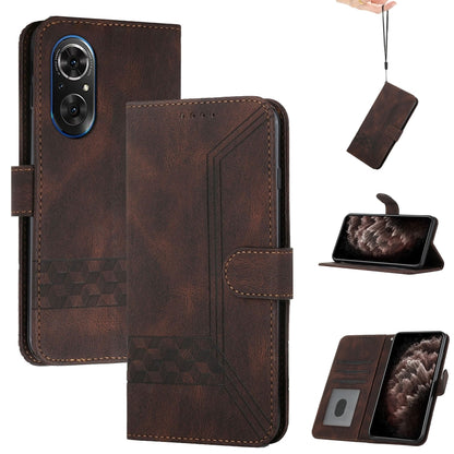 Dark brown flip leather phone case with folio stand and stitched geometric texture.