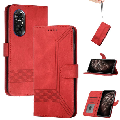 Red flip leather phone case with folio stand and stitched geometric texture.