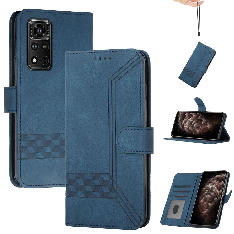 Royal blue flip leather phone case with folio stand and stitched geometric texture.