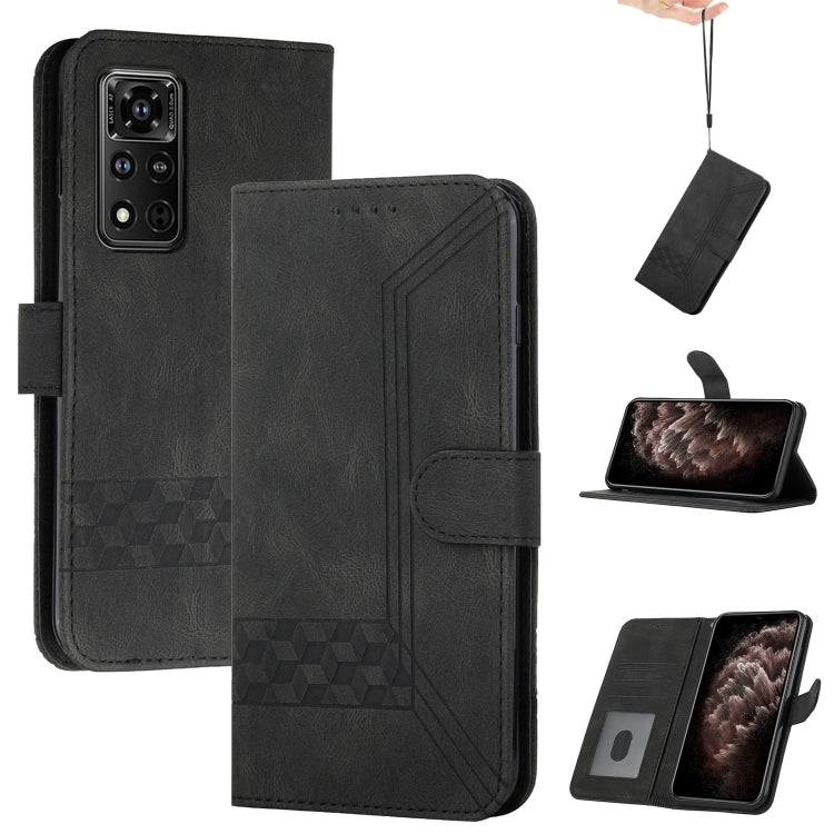 Black flip leather phone case with folio stand and stitched geometric texture.