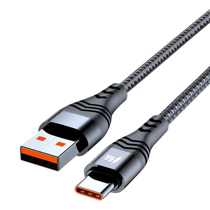 Braided USB-A and USB-C connectors with black grips and orange accent ports on a silver cable