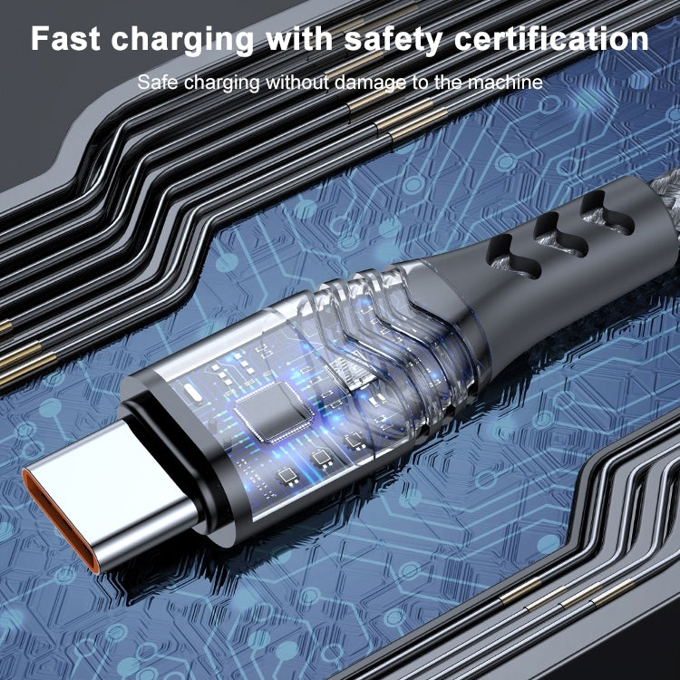 Fast charging USB-C port end with black housing and silver braided connector cable