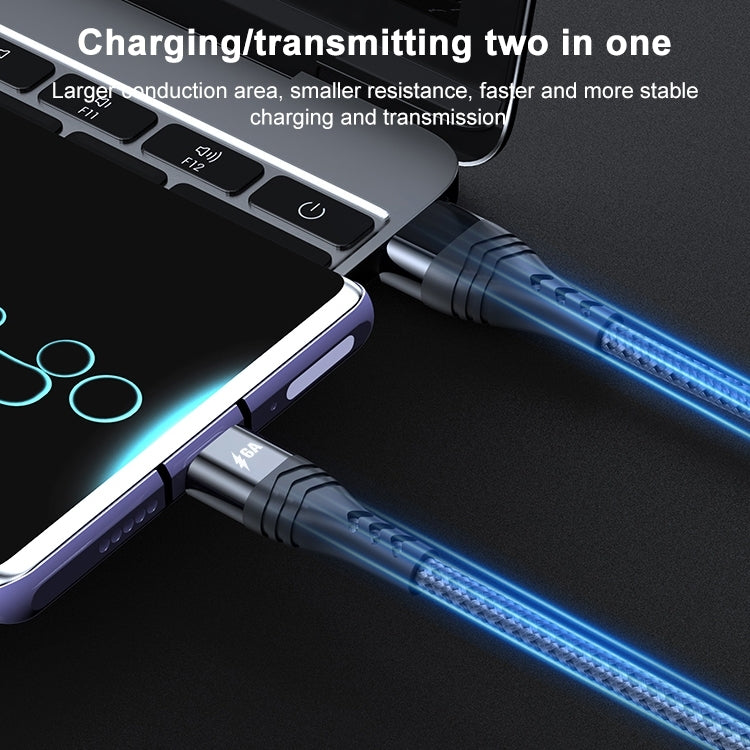 Braided cable with USB-C and USB-A ends connected to a smartphone charging port