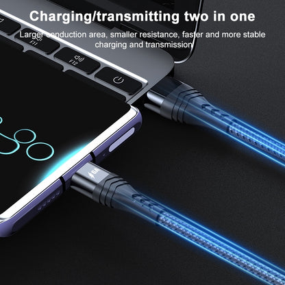Braided cable with USB-C and USB-A ends connected to a smartphone charging port