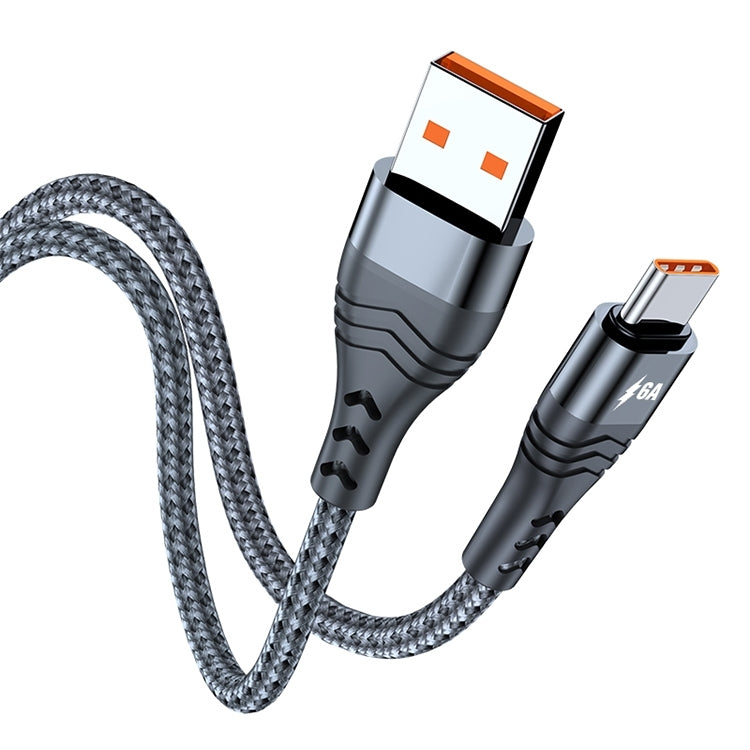Braided USB-A to USB-C cable, black connectors with textured grip and silver woven outer sheath