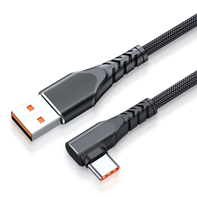 USB to USB-C cable with black braided sleeve and angled Type-C connector tips