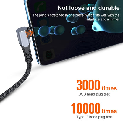 Elbow USB to USB-C data cable with braided black jacket and metal connector