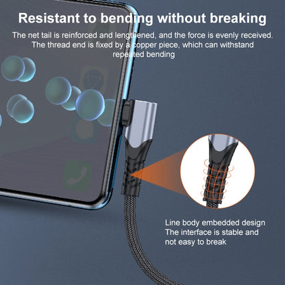 Elbow USB to USB-C cable with reinforced strain relief and braided texture