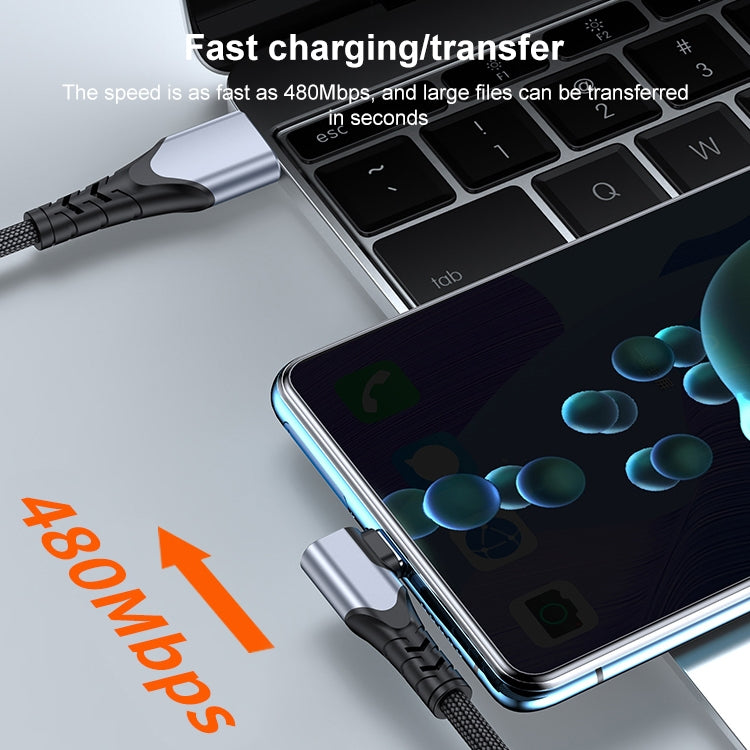 USB to USB-C elbow cable with black braided cord and silver connector