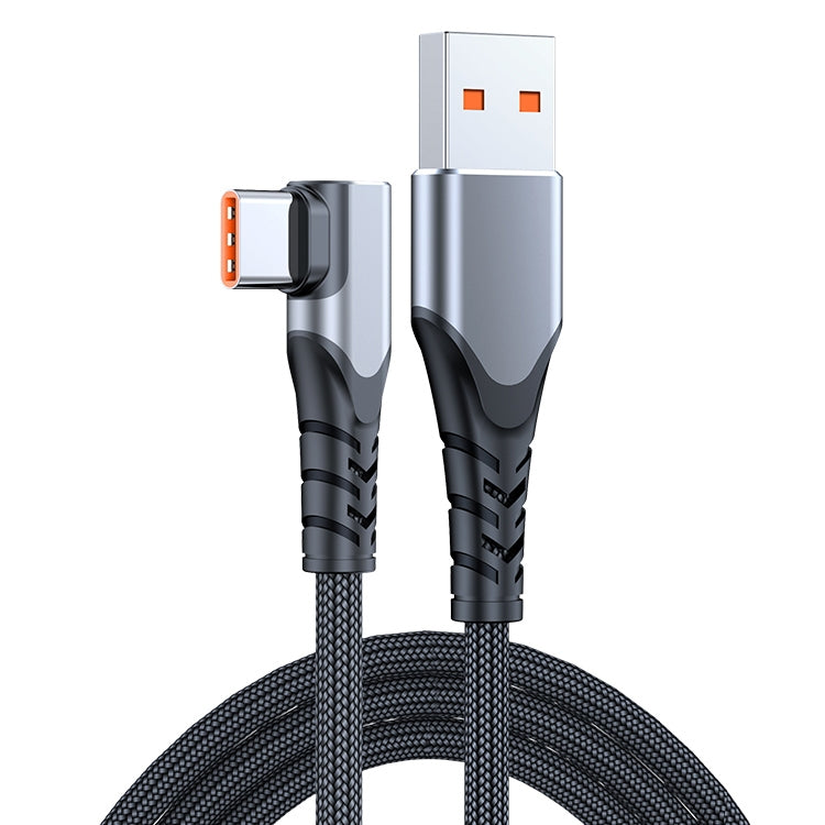 USB to USB-C elbow cable with black braided outer sleeve and orange port openings