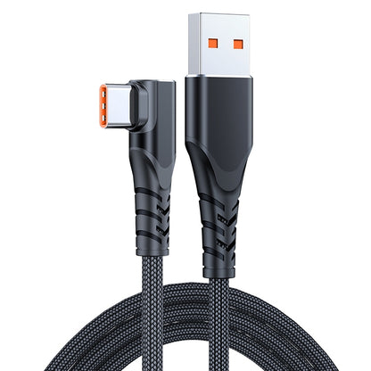 USB to USB-C elbow data cable, black braided jacket with orange-accented connectors