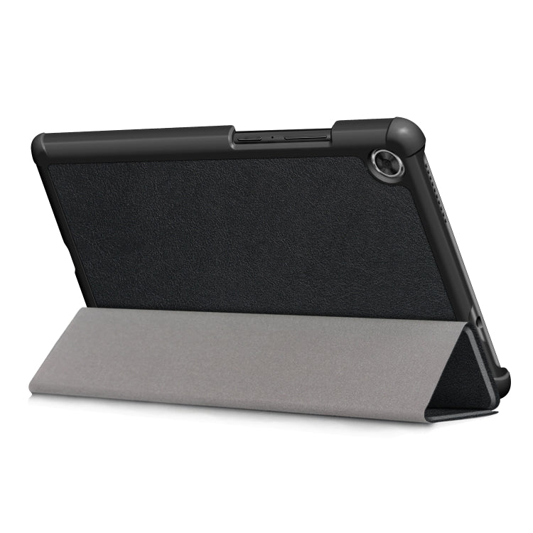 Black textured horizontal flip case with three-fold stand and light gray flap