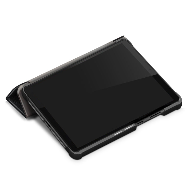 Black horizontal flip tablet case propped for landscape use with flip cover