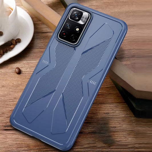 Navy TPU phone case with textured mesh insert, raised camera bezel, and shockproof edges