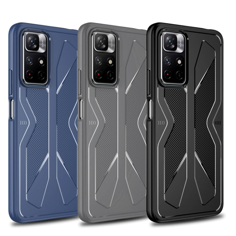 Set of TPU phone cases with textured mesh panels in blue, gray, and black