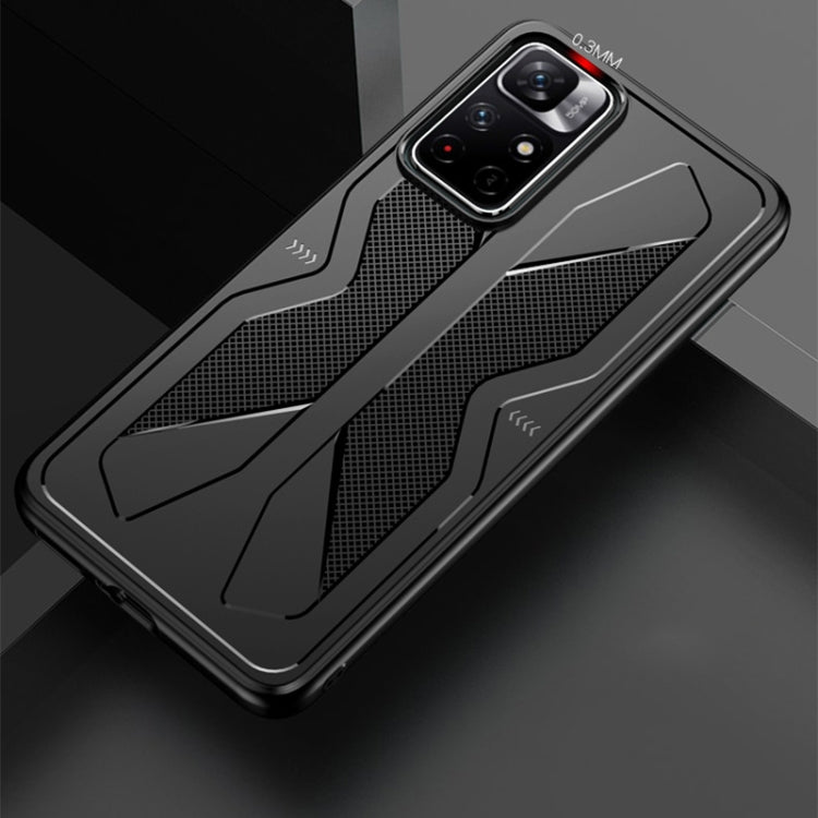 Black TPU phone case with textured mesh insert and raised camera bezel