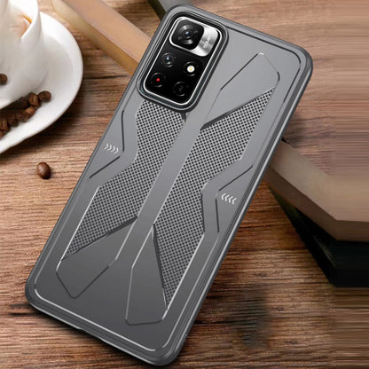 Gray TPU phone case with textured mesh insert, raised camera bezel, and shockproof edges