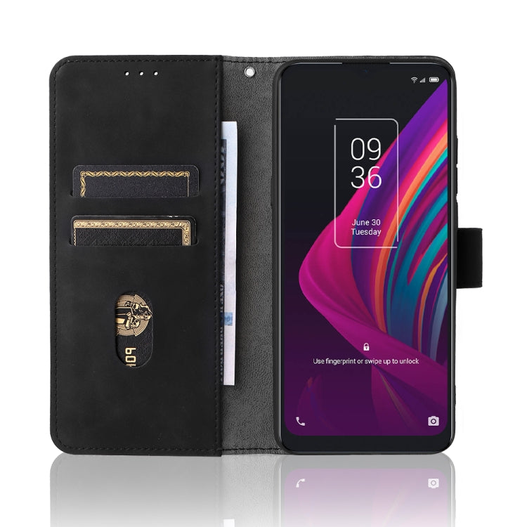 Black folio leather phone case with inner card slots and magnetic closure, for TCL 10 SE.