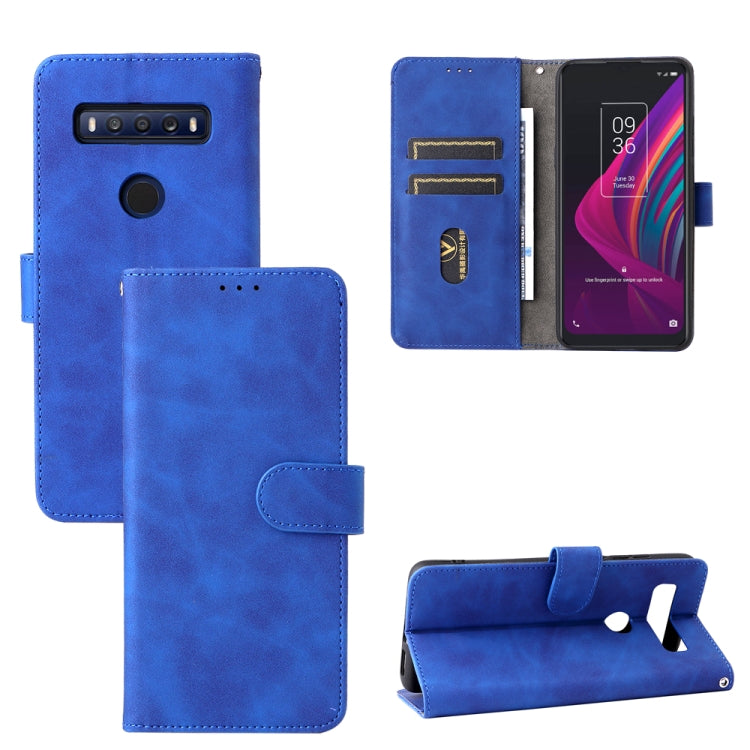 Blue folio leather phone case with magnetic buckle and card slot, for TCL 10 SE.