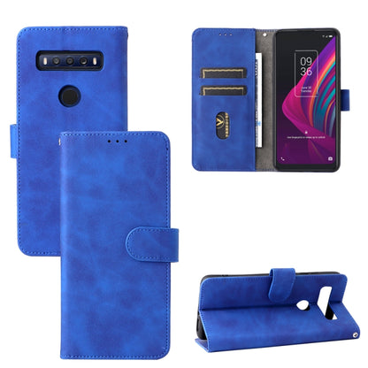 Blue folio leather phone case with magnetic buckle and card slot, for TCL 10 SE.