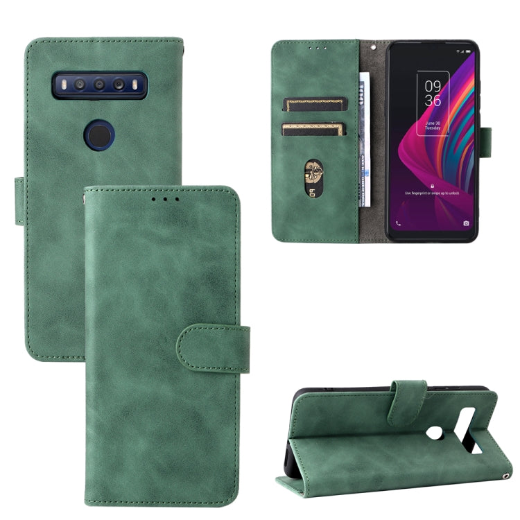 Green folio leather phone case with magnetic buckle and card slot, for TCL 10 SE.