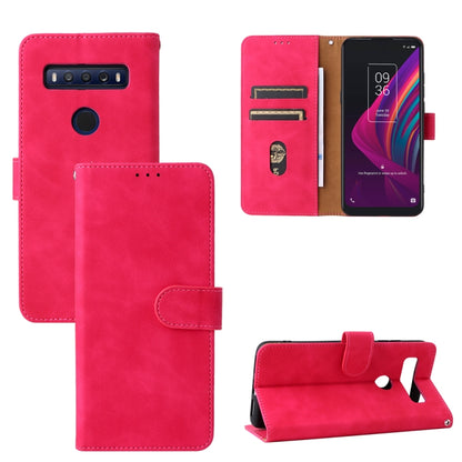 Rose red folio leather phone case with magnetic buckle and card slot, for TCL 10 SE.