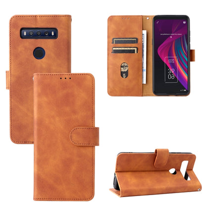 Brown leather flip phone case with magnetic buckle and card slots for TCL 10 SE