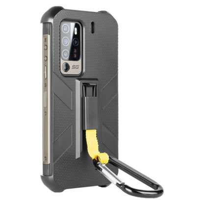 Rugged phone case with camera cutout, wrist strap, and yellow pull tab