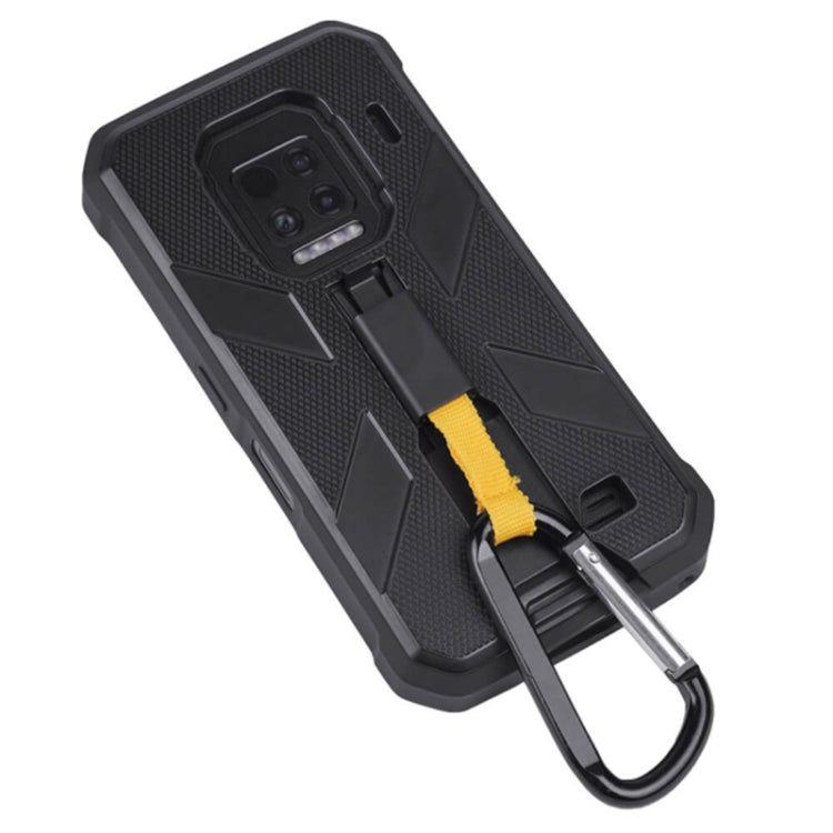 Rugged black phone case with carabiner loop, kickstand, and textured back
