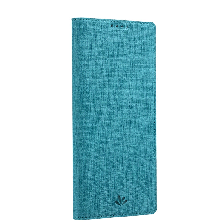 Blue leather folio phone case with fabric texture and front cover flap