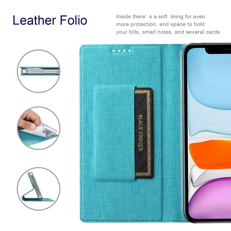 Blue leather folio phone case with card slots and open flip cover