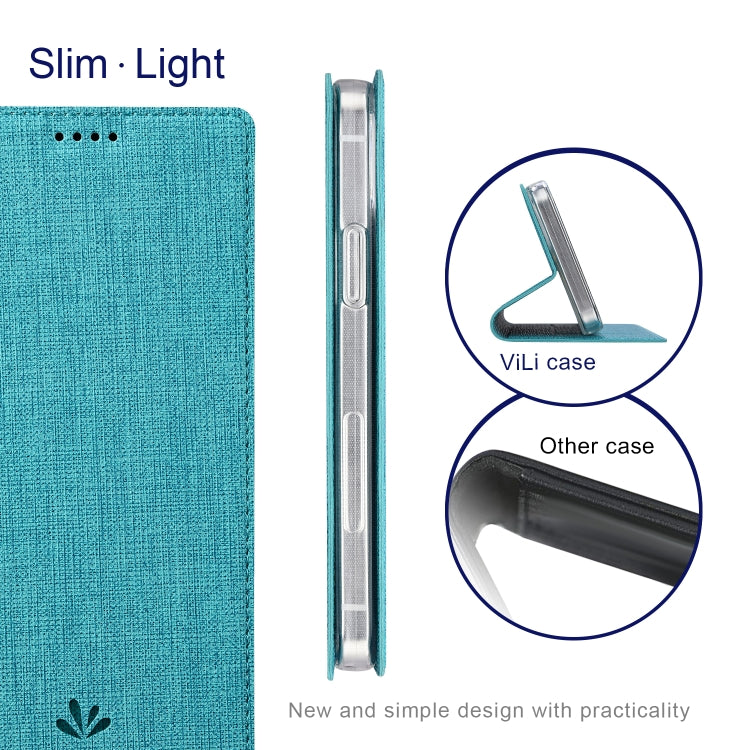 Blue leather folio phone case, slim profile side view with neat stitching