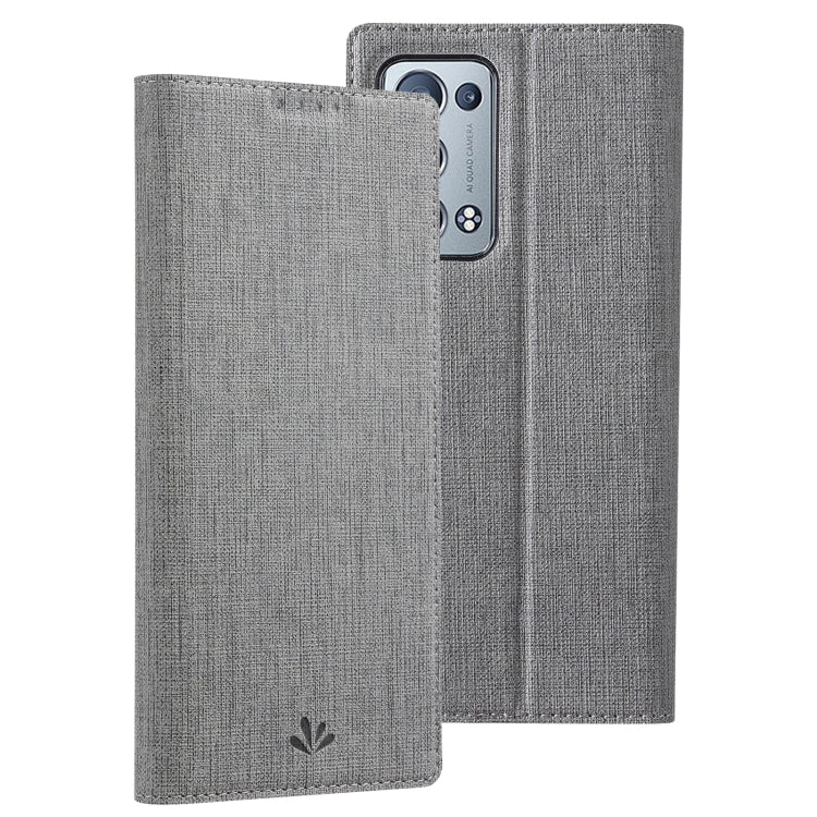 Grey flip phone case with textured cover and magnetic closure, horizontal style
