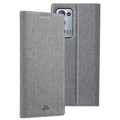 Grey flip phone case with textured cover and magnetic closure, horizontal style