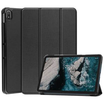 Three-fold tablet case for Nokia T20 with textured PU leather cover, black