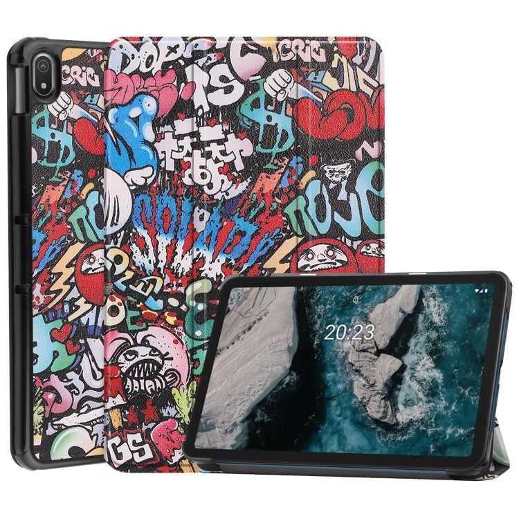 Graffiti painted leather tablet case with 3-fold holder, cover open for viewing