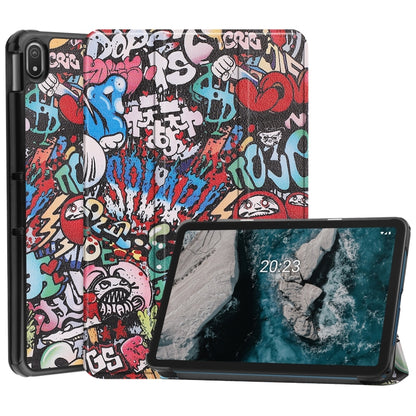 Graffiti painted leather tablet case with 3-fold holder, cover open for viewing