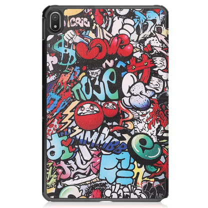 Graffiti painted leather tablet case with 3-fold design, front view, cover closed