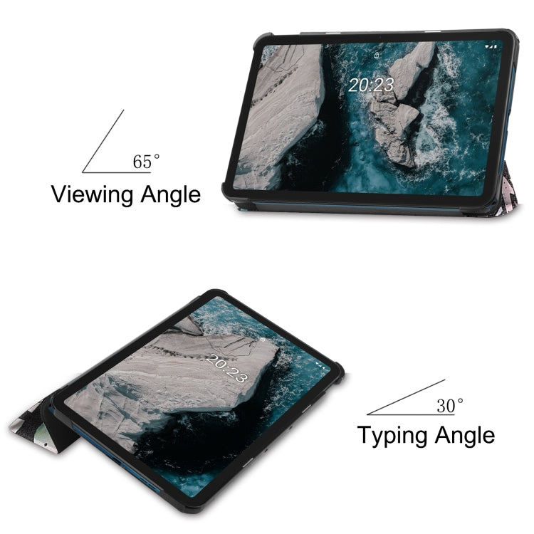 Tablet case with 3-fold stand showing viewing and typing angles, cover open