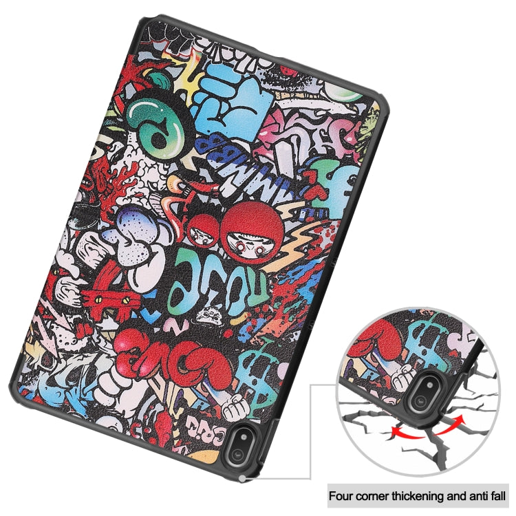 Graffiti painted leather tablet case with 3-fold holder, angled view with corner detail