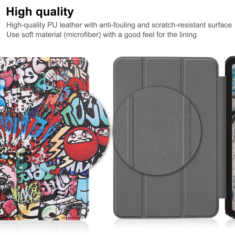 Painted leather tablet case with 3-fold cover, shows gray interior lining panels