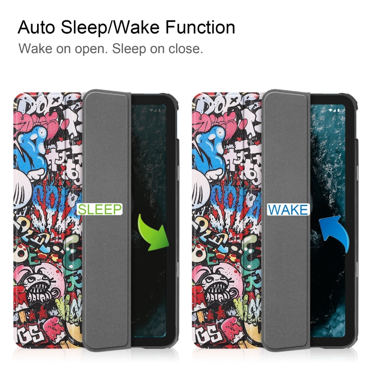 Graffiti painted tablet case with 3-fold cover, auto sleep/wake shown open and closed