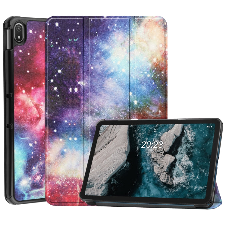 Milky Way painted leather tablet case with 3-fold holder, cover open and closed