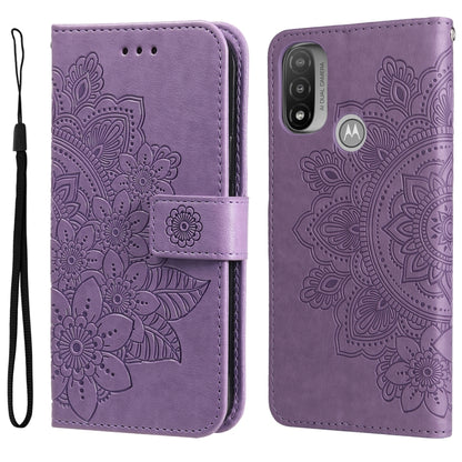 Light purple folio phone case with embossed 7-petal floral pattern and wrist strap
